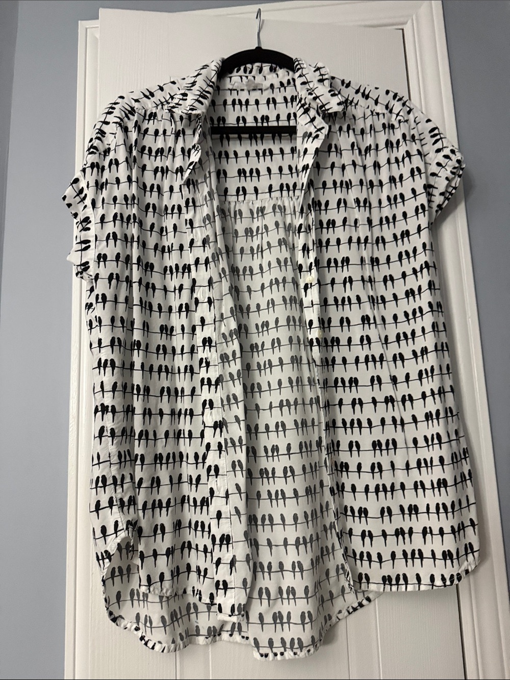 Jane and Delancey White Button-Down Shirt with Black Bird Print